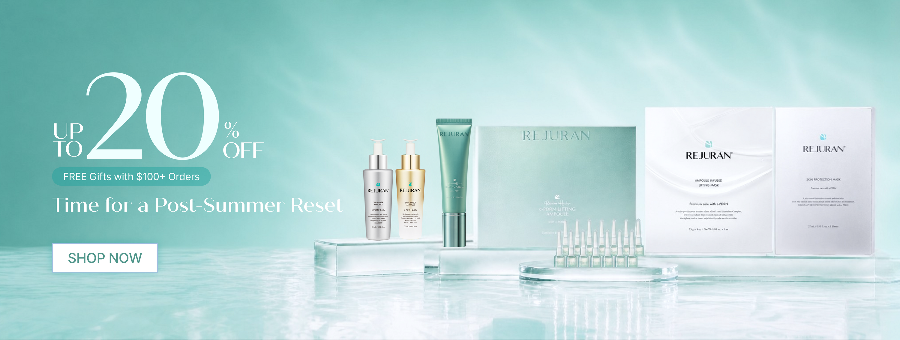 A promotional banner for REJURAN skincare featuring several products including a serum bottle, a cream tube, a boxed set, and two white sachets on a reflective light aqua surface. Large text on the left reads 'UP TO 20% OFF' and 'Time for a Post-Summer Reset' with a 'SHOP NOW' button.