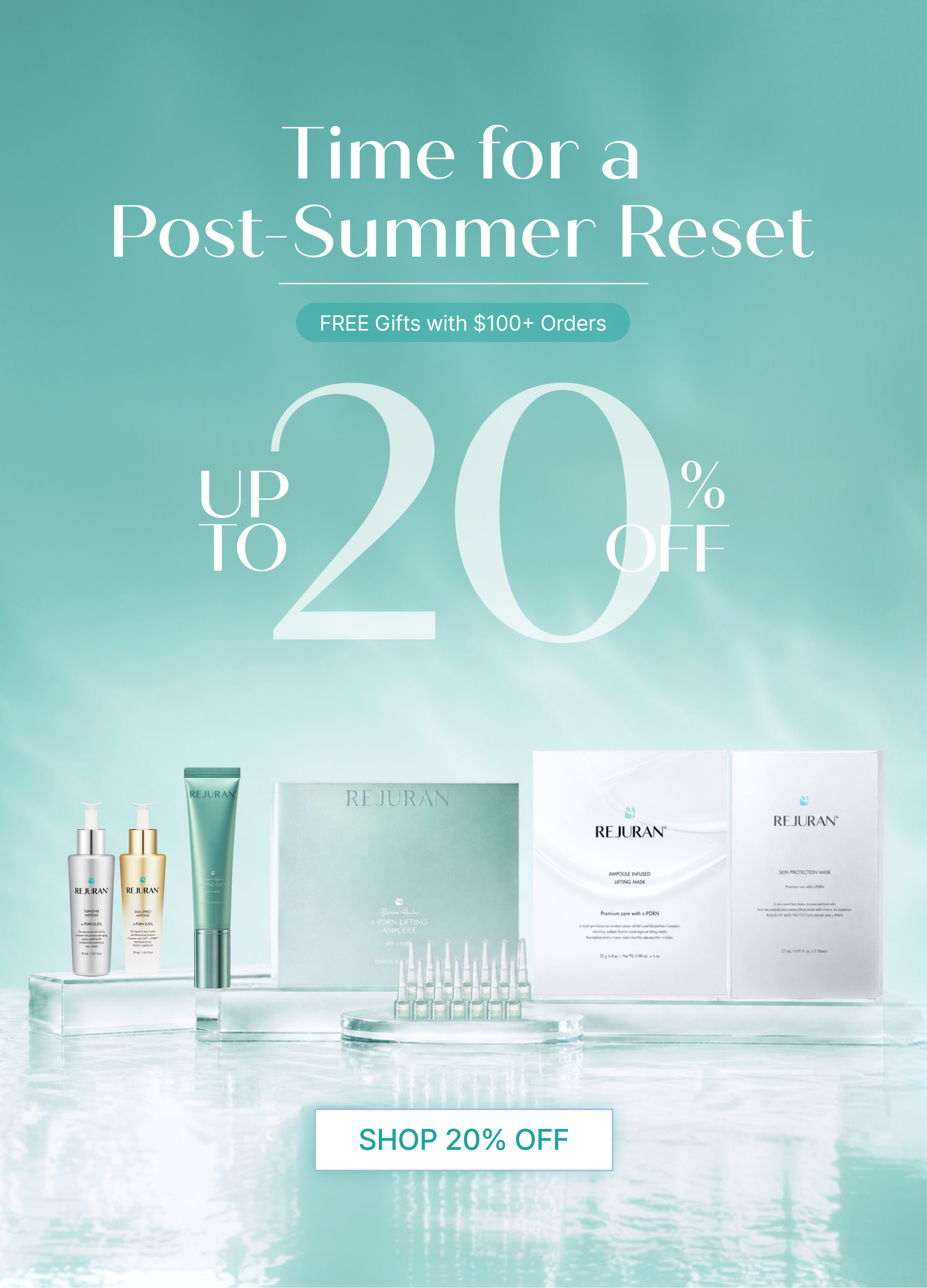 A promotional advertisement for REJURAN skincare products featuring a collection of bottles, tubes, and boxes arranged on a reflective surface against a mint green gradient background. Large white text reads 'Time for a Post-Summer Reset', 'UP TO 20% OFF', and 'SHOP 20% OFF'.
